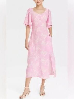 A New Day Pink Floral Midi Dress with Flutter Sleeves Medium NWT